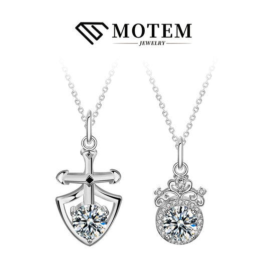 【N24 Princess and Knight】 925 Sterling Silver Moissanite Necklace Couple Set - MOTEMCO