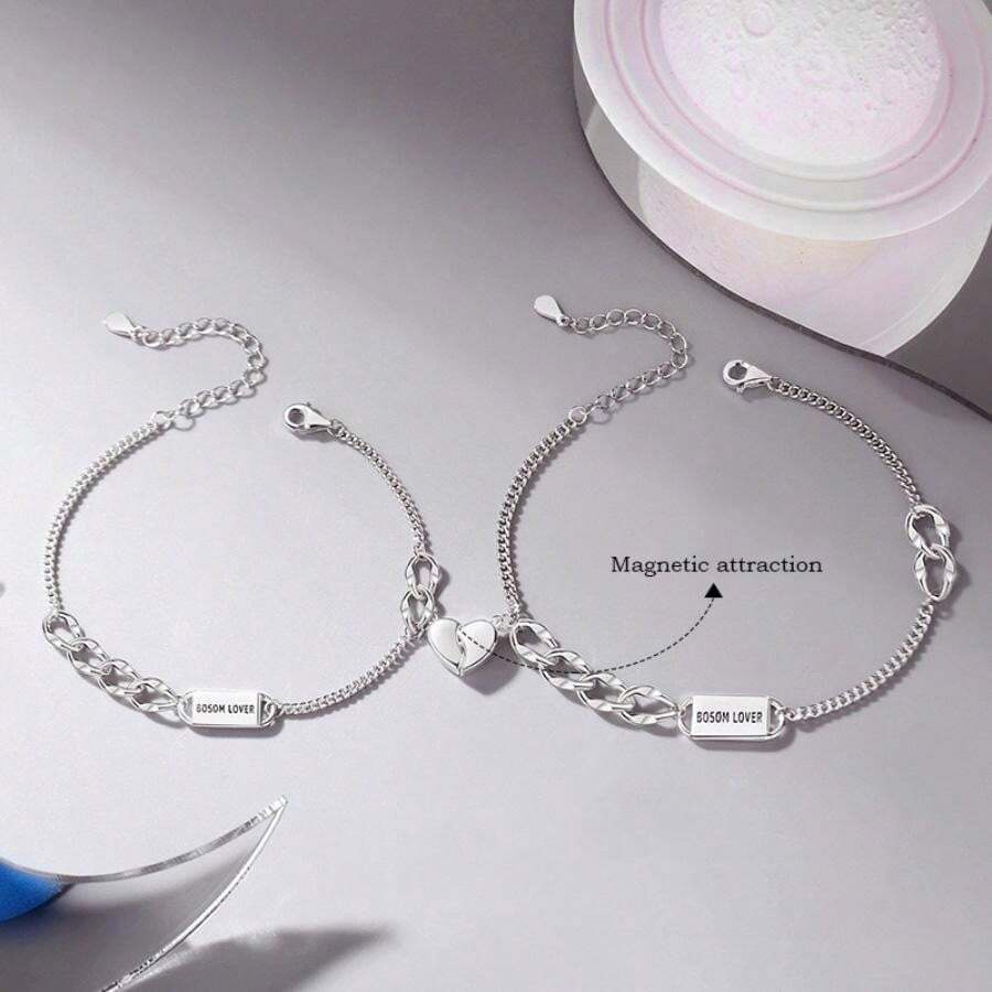 【SilverB1 Magnetic Heart】 925 Sterling Silver Bracelet Couple Set