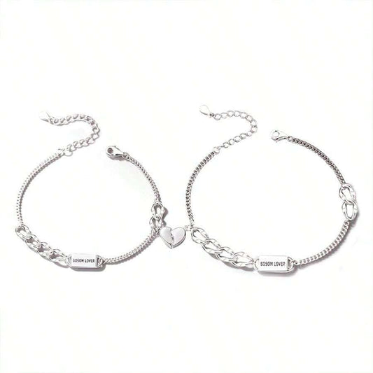 【SilverB1 Magnetic Heart】 925 Sterling Silver Bracelet Couple Set