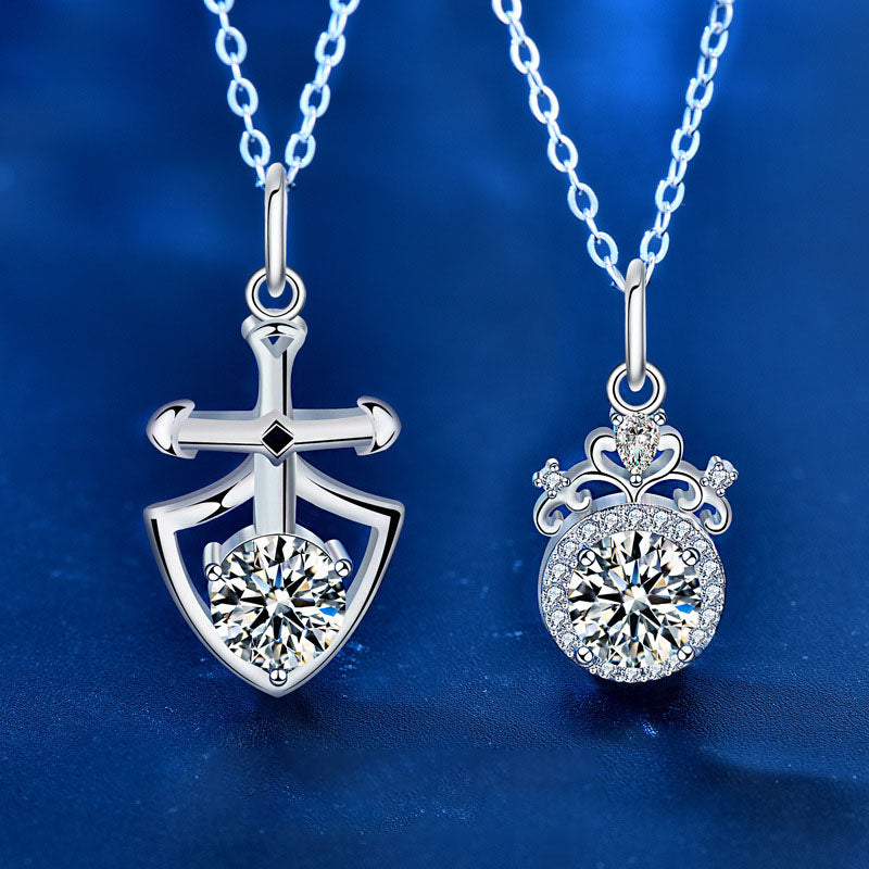【N24 Princess and Knight】 925 Sterling Silver Moissanite Necklace Couple Set - MOTEMCO